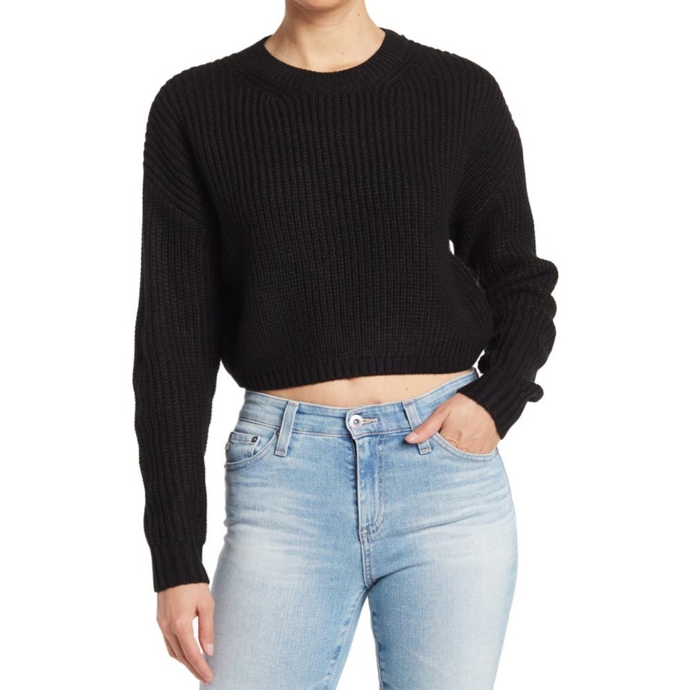 ELODIE Crewneck Cropped Sweater in Black, Size S, NWT